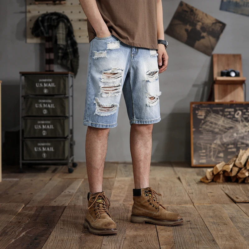 28-48size summer loose large size denim shorts men\'s ripped fashion trendy middle pants American motorcycle plus-sized shorts