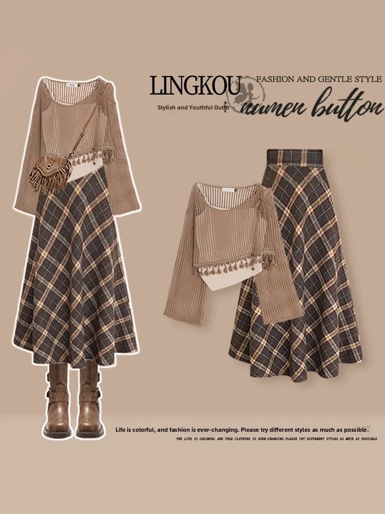 

Retro Large Size Early Autumn Hollow out Top Strap Skirt Set Women's High Waist Plaid Skirt Three-Piece Suit Fashionable...