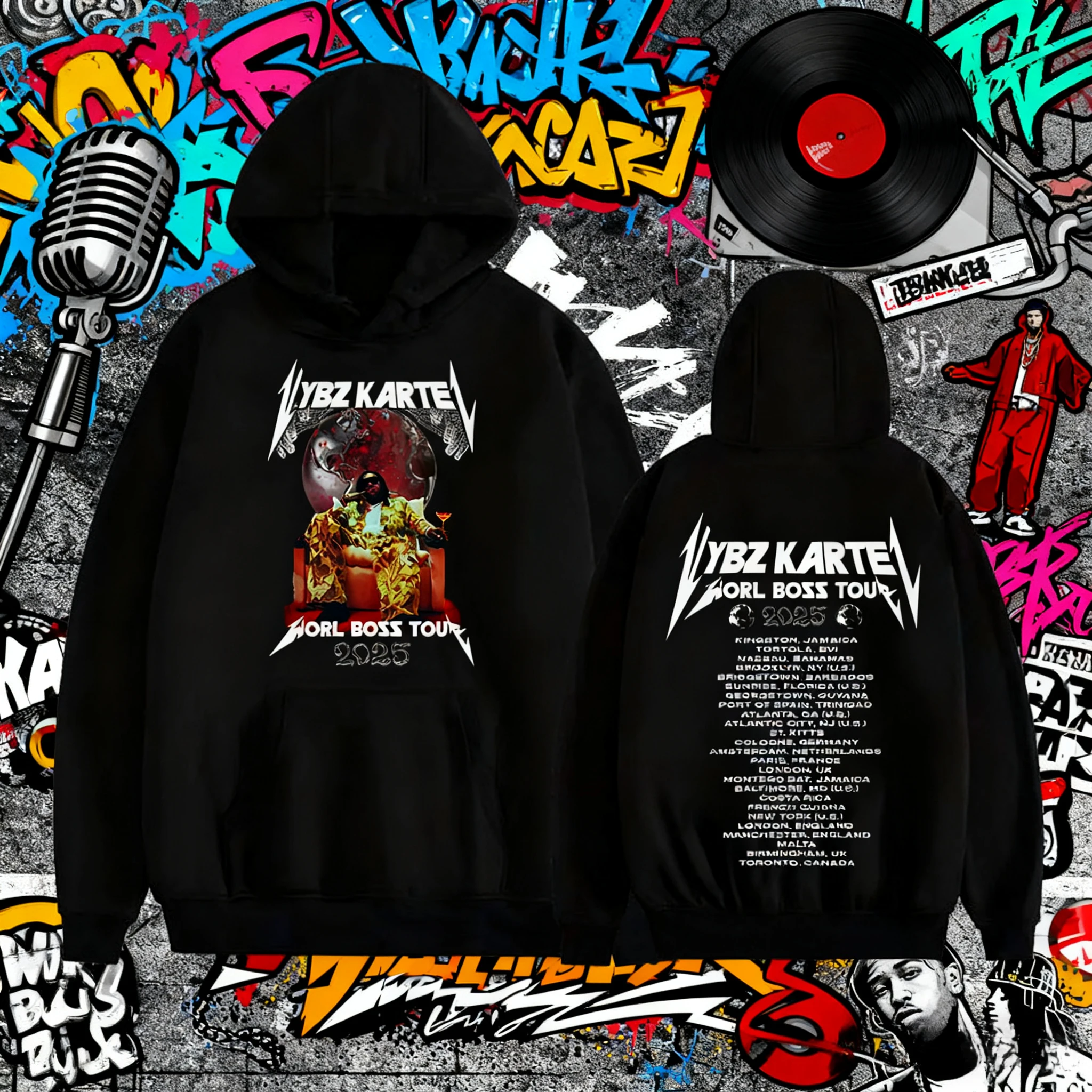 2025 الخريف/الشتاء مغني الراب Vybz Callert جولة حول العالم مقنعين الرجال الهيب هوب الرجعية القطن الدافئة البلوز عادية فضفاض.