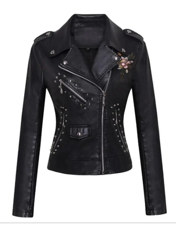 TPJB New Women Patchwork Leather Jackets Flower Embroidery Rivets Short Section Pu Leather Small Jackets Casual Motorcycle Coats