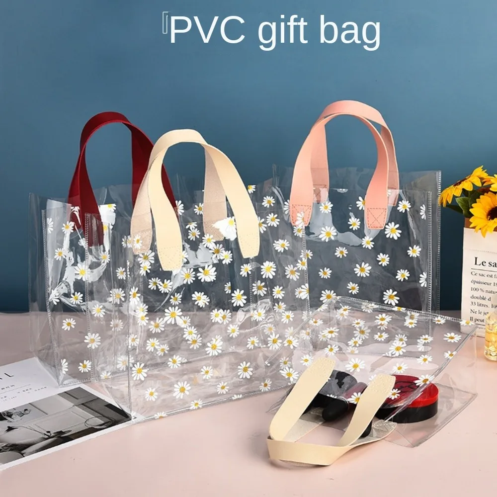 Practical PVC Clear Tote Bag Transparent Handle Waterproof Storage Bag Little Daisy Hand Gift Bag