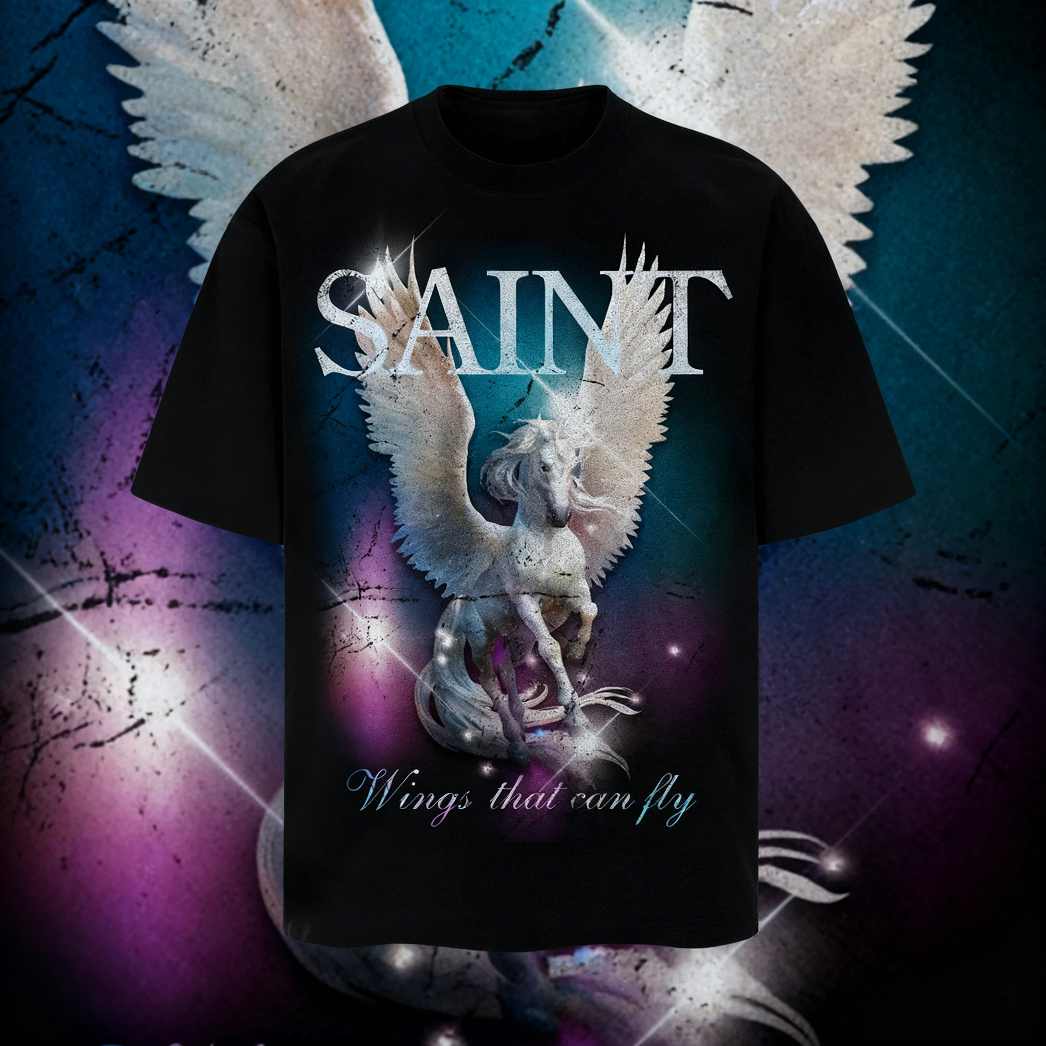 

2025 Summer High Quality Unicorn Pegasus Print Saint T-Shirt Men Women Tee Loose T Shirt Tags 100% Pure Cotton Printed T-shirt