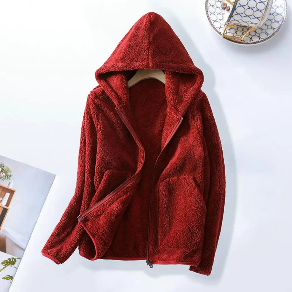 

Women Coat Autumn Winter Warm Polar Fleece Jacket Hooded coat Thickened Long Sleeve Zipper Placket Pockets Sweatshirt Coat