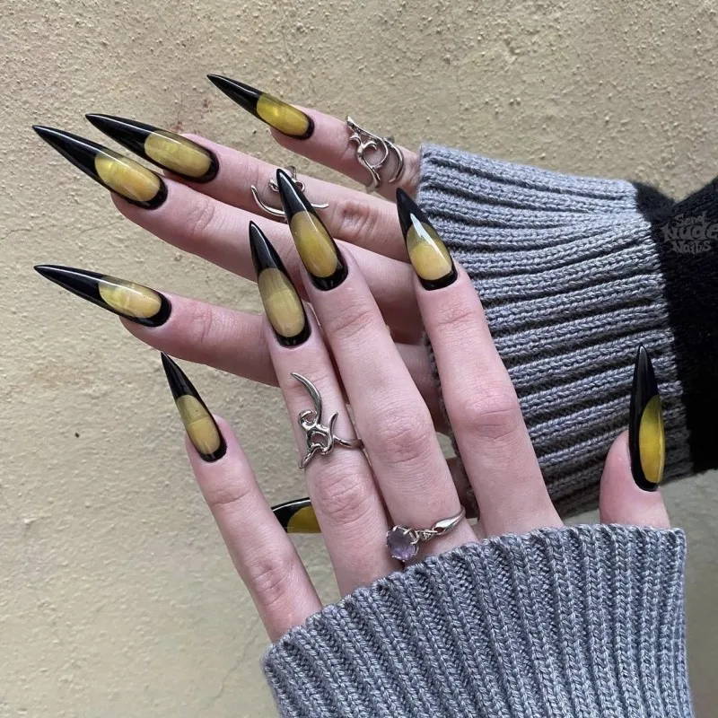 

3D fake nails accessories for halloween long french stiletto tips crystal yellow black designs faux ongles press on false nail