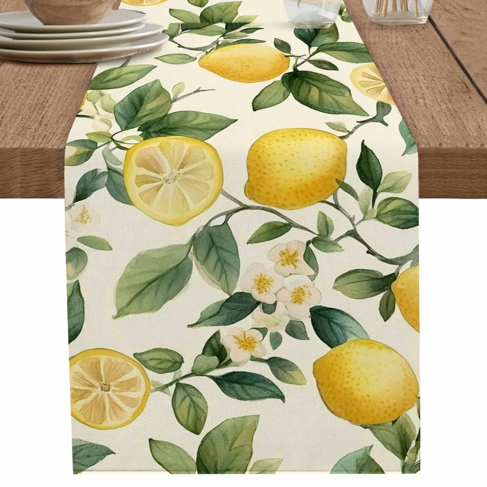 

Beige Lemon Watercolor Fruit Table Runner Cotton Linen Wedding Dinner Decor Table Flag Holiday Home Tea Table Decoration