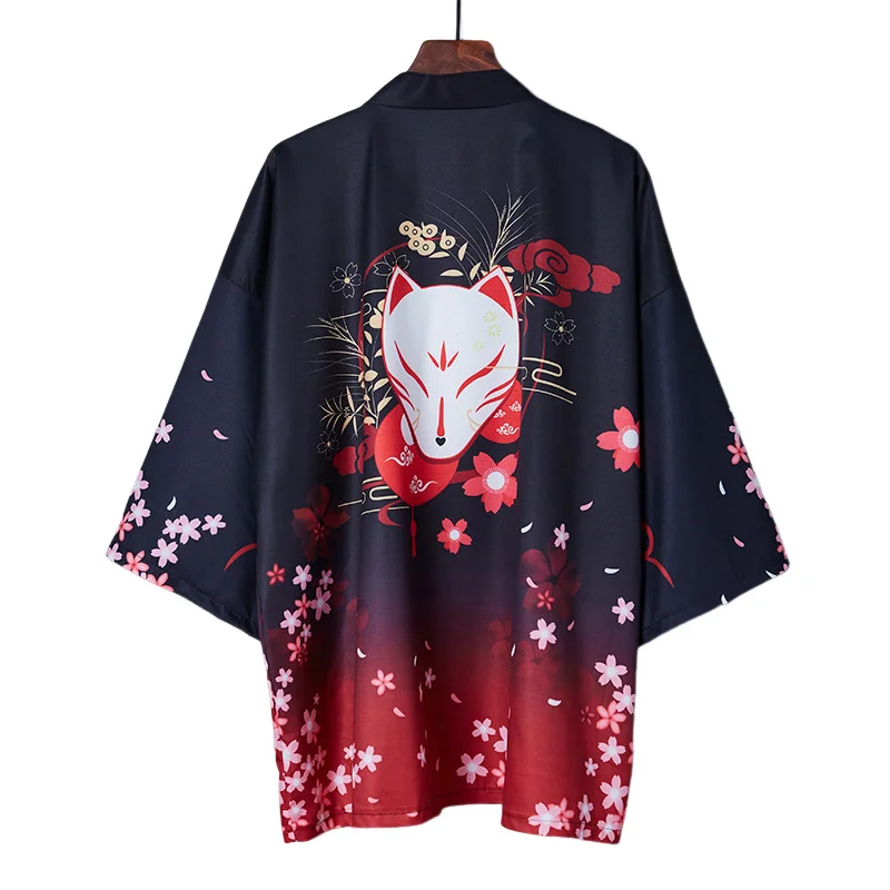 Summer Casual Japanese Floral Print Haori Kimono Fox Mask Pattern Dark Red Open Cardigan for Men Women 3/4 Sleeve Streetwear
