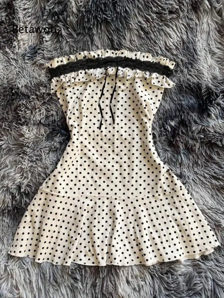Soft Stretch Fabric Strapless Mini Dress Black Dot Print Ruffle Lace Top Edge Front String Tie Flared Hem Outfit