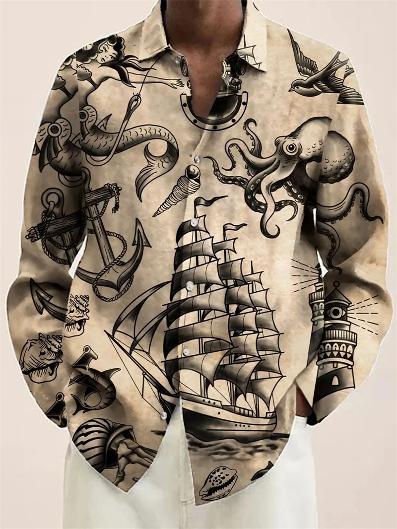

New Men's Retro Tiki Print Long Sleeve Shirt Fashion Design Luxury Long Sleeve Top Men's Four Seasons Button Lapel Mens Shirts
