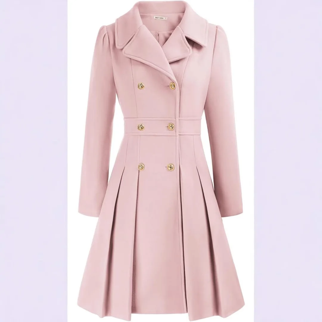 Women's Elegant Double Breasted Coat High Waist Pleated A Line Skirt Hem Lapel Collar Slim Fit Winter Overcoat