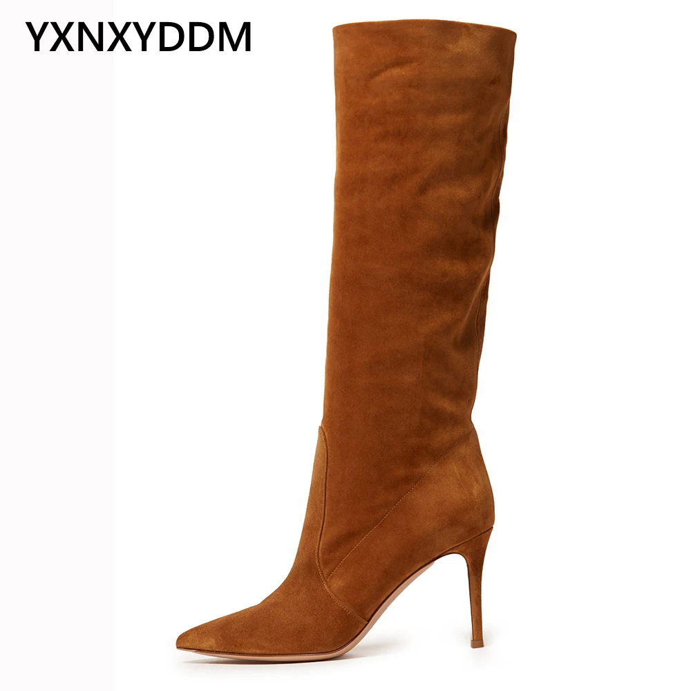 Pointed Toe Brown Knee Boots for Women 2023 Stilettos High Heel Winter Long Boot Ladies Large Size Sexy Slip-on Black Boot