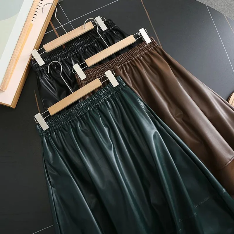 Pu Leater Harajuku Chic Skirt Women Fashion Y2K High Waist Loose Skirt Casual Streetwear Pocket Pretty Style Solid Elegant Skirt