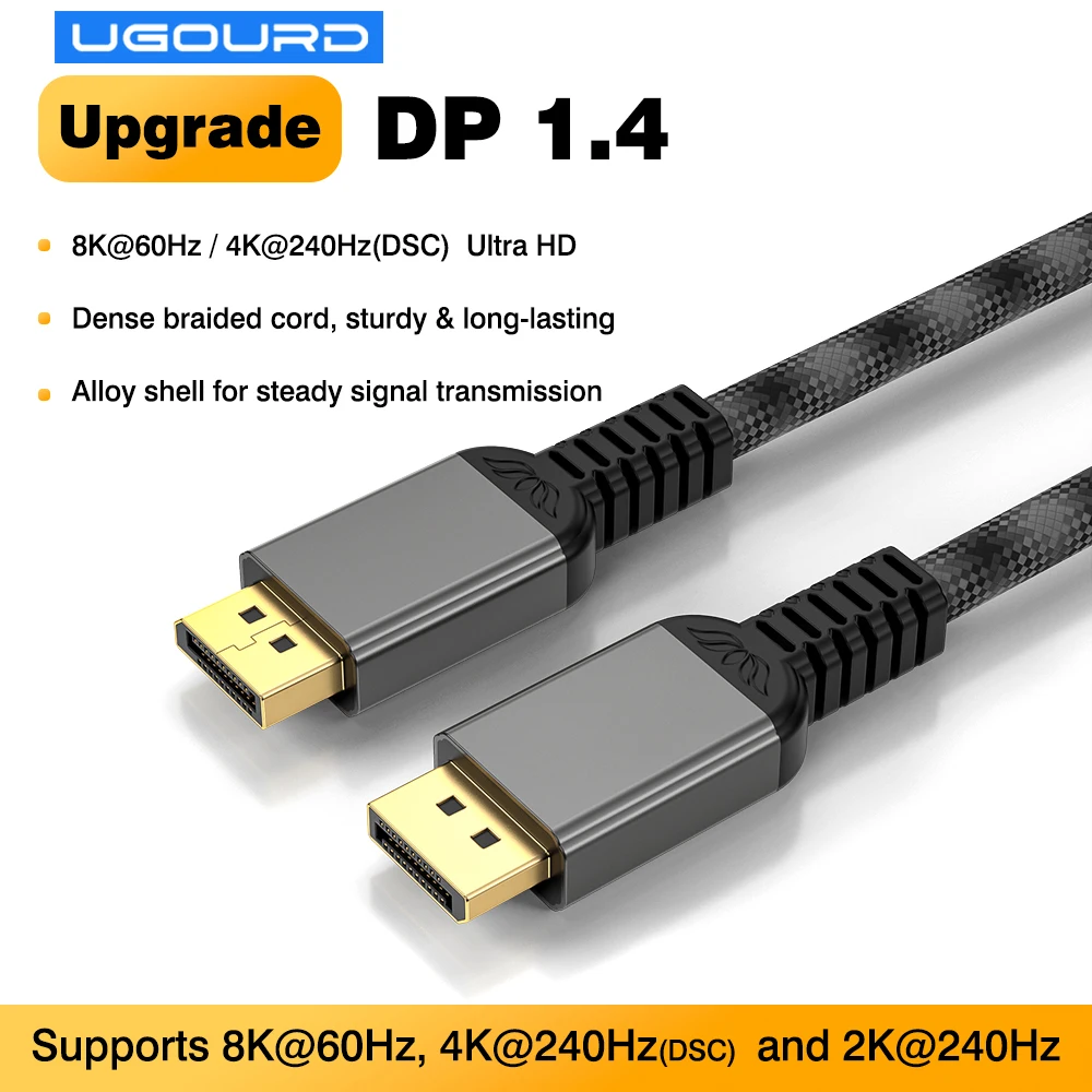 UGOURD New Upgrade DP 1.4 Cable 8K60Hz 4K Nylon Black Gray Braided 8K DisplayPort1.4 Cord HDR G-Sync Tinplate shielding 1m/3m/5m