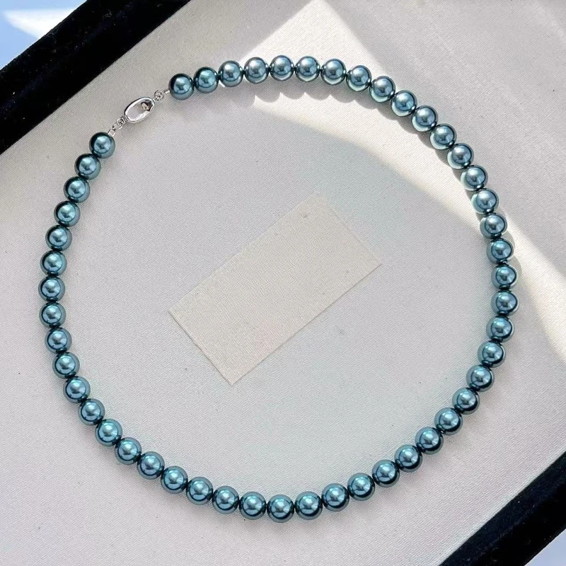 

9-10mm Spring New French Peacock Blue Green Natural Pearl Necklace Clavicle Chain