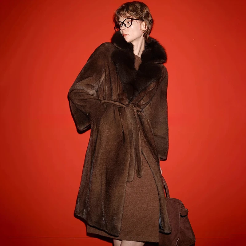 Ftangaiur Winter Import Velvet Mink Fur Coat Turn-Down Collar With Sashes Mink Coat Women X-Long Natural Real Mink Fur Coats