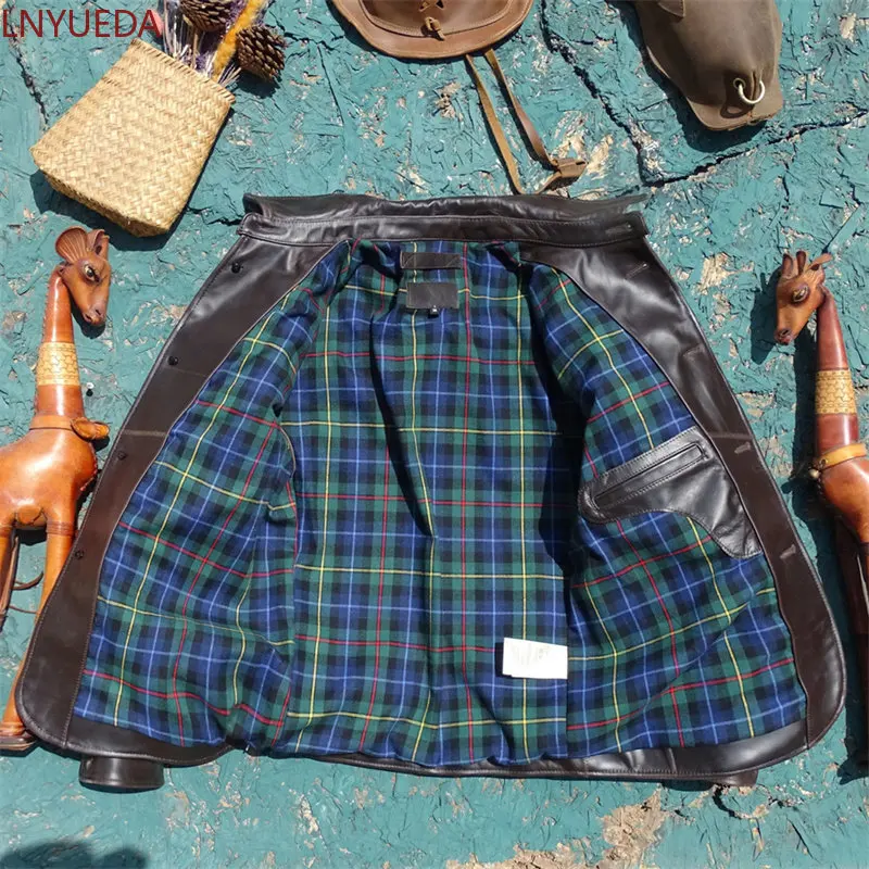 Men Vegetable‑Tanned Top Grain Cowhide Jacket Imported Uncoated Oil‑Waxed Sturdy Brake Worker Style with Back Waist Belt
