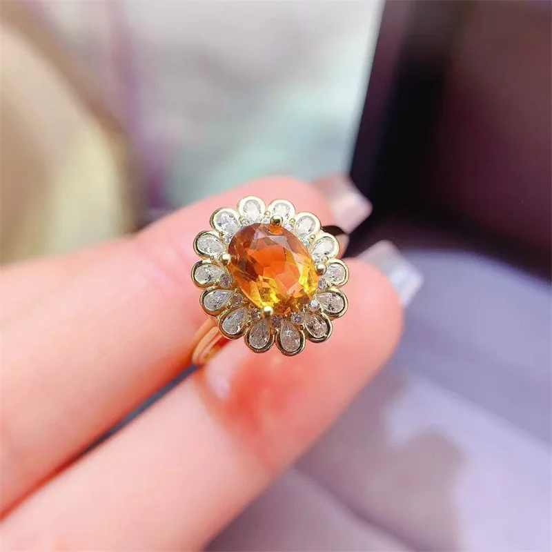 

Real S925 Sterling Silver Natural Citrine Ring for Women Girl Yellow Gold Fine Jewelry Gift with Certificate