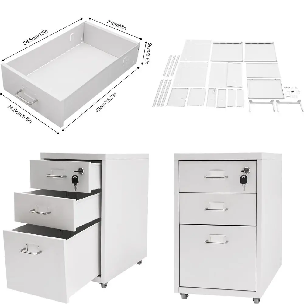 

Mobile White Metal File Cabinet with Lock, 3-Drawer Vertical Storage Organizer for A4 Files, 11x16x18.3in