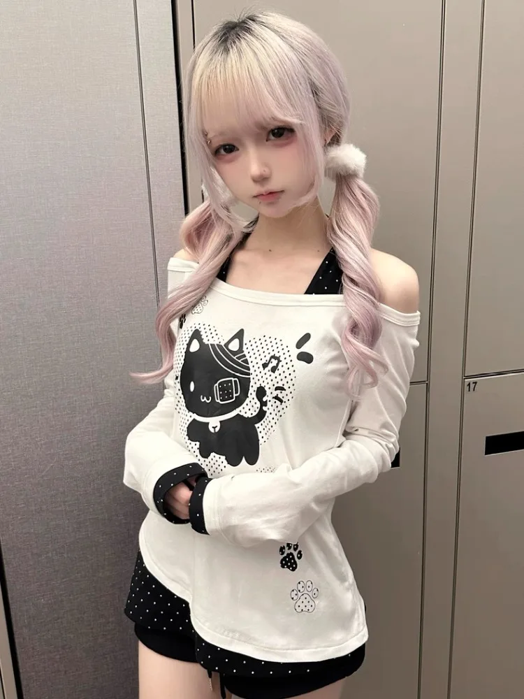 Subkultur Nette Patchwork Polka Dot T-shirt Frauen Süße Krawatte Up Gefälschte Zwei-stück Kleidung Japan Drucken Casual Lange ärmeln Dünne Tops