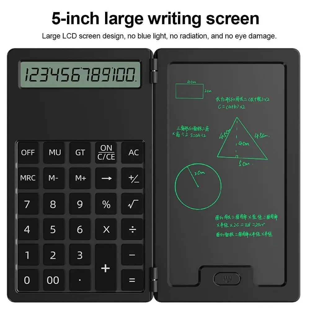 Mini calculatrice scientifique multifonctionnelle pliable à 12 chiffres, bloc-notes LCD, bloc-notes avec stylet