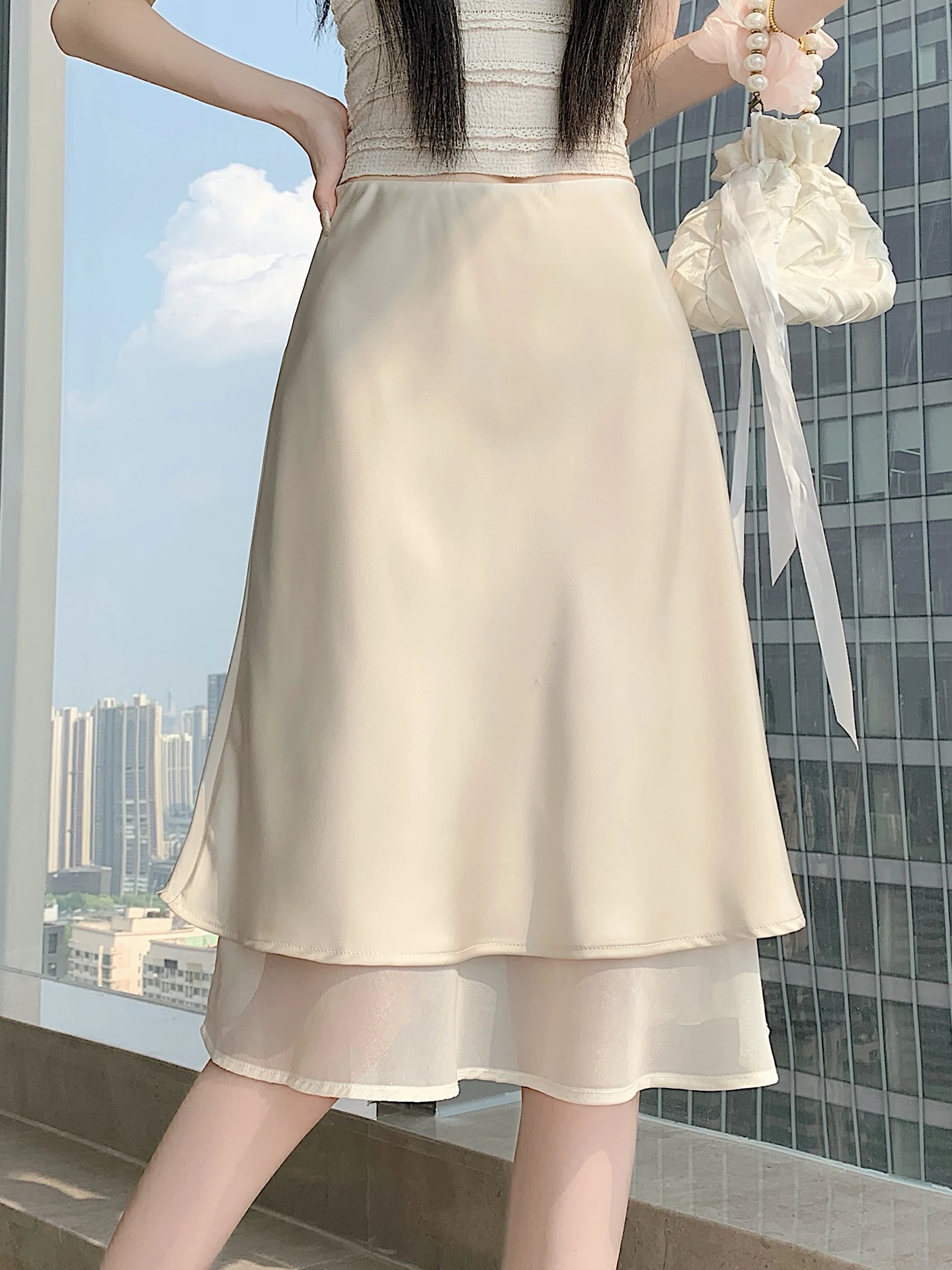 

High Waist A-Line Skirt Women's Summer Elastic Waist Slimming Hip Covering Chiffon Double Layered Netting Half-length Sk...