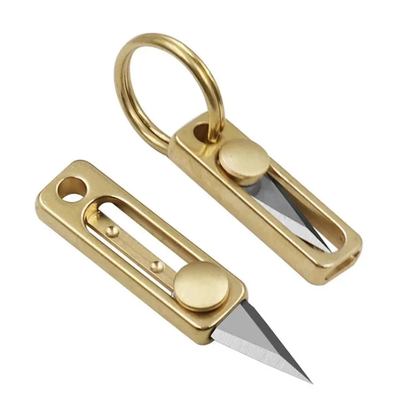 Brass Mini Sharp Knife Creative Retractable Box Opener Portable Keychain Pendant for Express Parcel Unpacking Daily Accessory