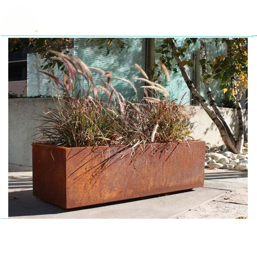 Outdoor Big Size Garden Pot, Corten Steel Marble Flowerpot Rust-like Modular Planter Box