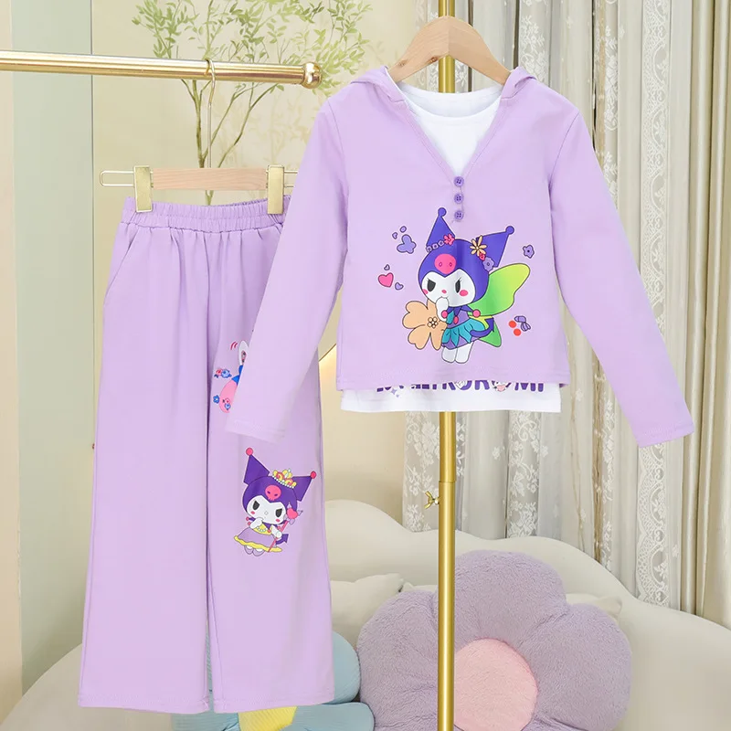 Sanrio Girls Autumn T-Shirt Long Sleeve Pants Set Pure Cotton Hooded Vest Three-Piece Set Cartoon Kuromi New Girls Clothing