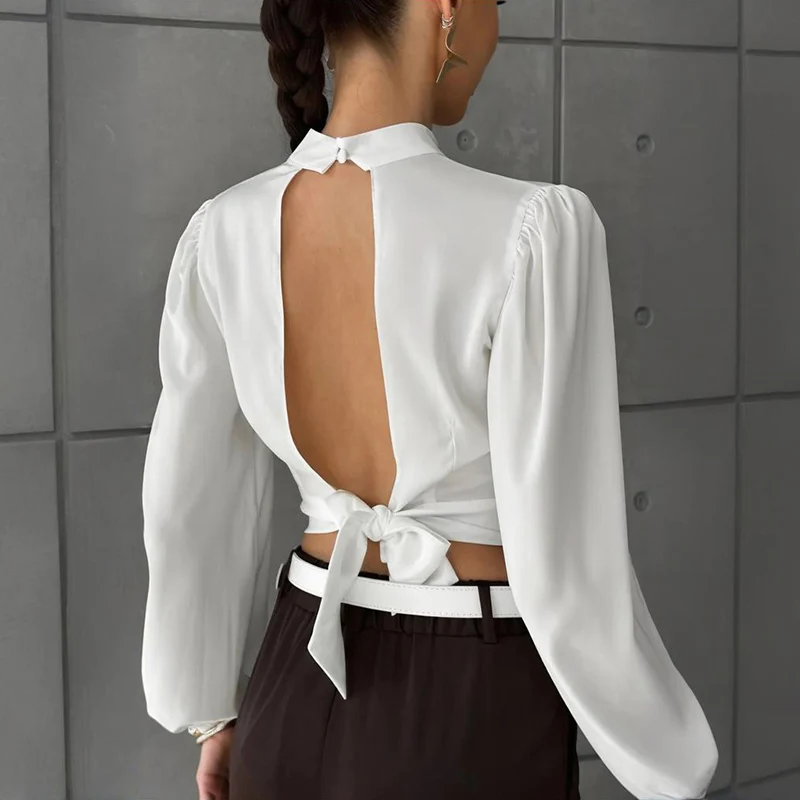 

Typhaland Sexy Hollow Lace Up T shirt Lady Fashion Summer Super Short Top Ins Hot Long Sleeve Two Way Wear Female Top Commute