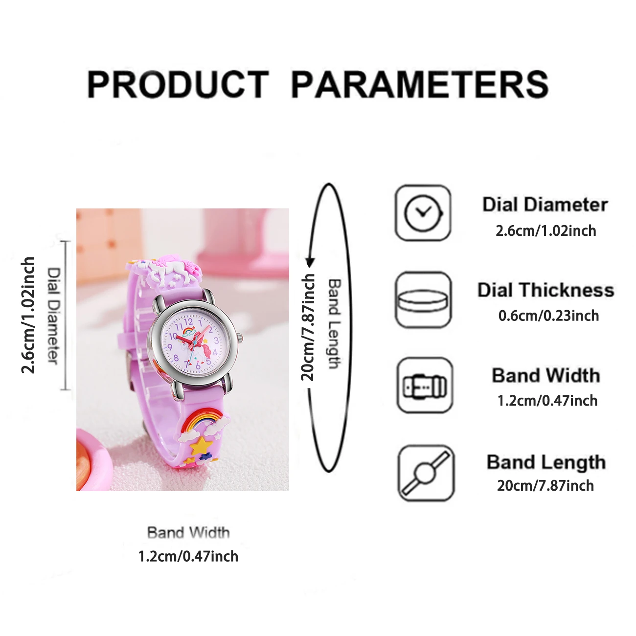 Simpatico orologio al quarzo con cinturino in silicone 3D fantasia unicorno arcobaleno con lancette colorate, adatto per regali di Natale e Halloween