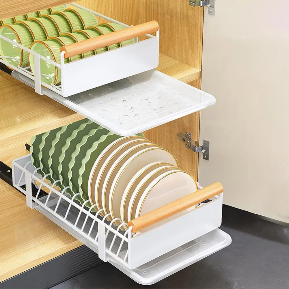 Bowl Dish Storage Rack with Adhesive Rail Pull Out Sliding Drawer Cabinet Organizer Detachable Drainage Slide Out Pantry Shelves