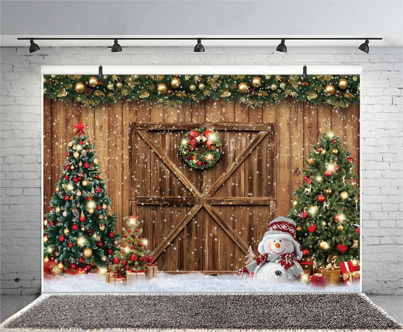 Winter Christmas Rustic Barn Wood Door Backdrop Party Xmas Tree Snow Gifts Photograph Background Photo Banner Decoration Prop
