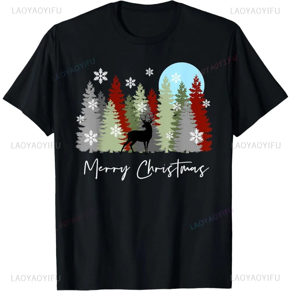 Buck Deer in The Forest Merry Christmas Trees Snow Moon Graphic Cartoon Printed T-Shirt Streetwear Hipster Man Tees Women Tshirt