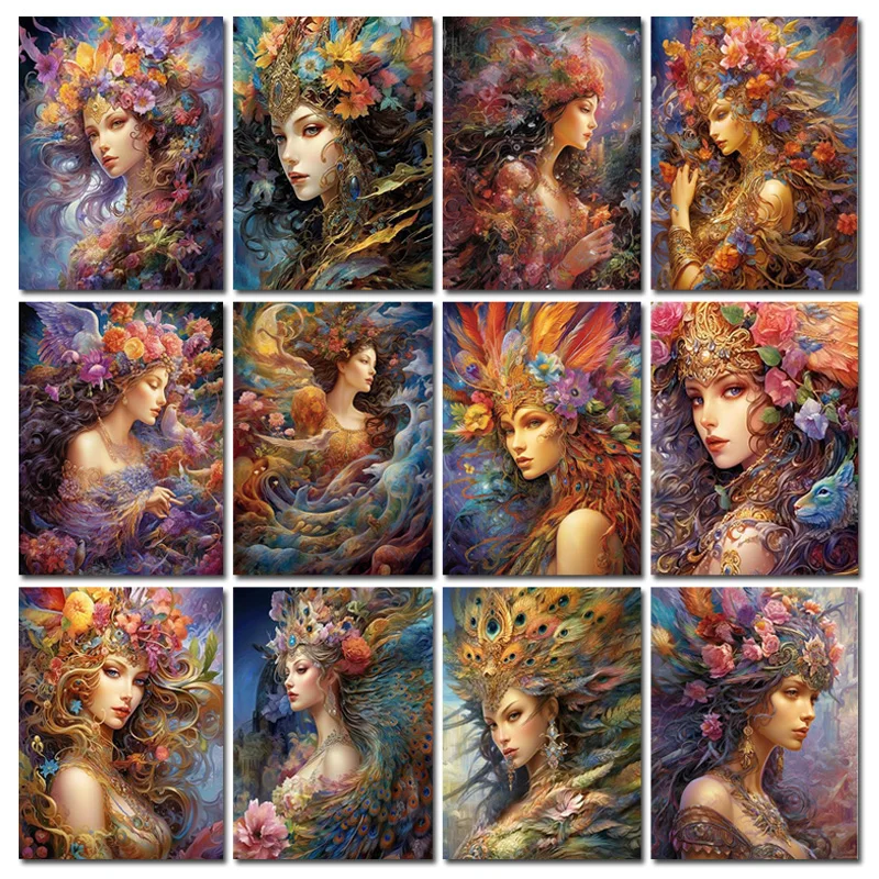 Flowers Woman Diy 5d Diamond Painting for Adults, DIYDiamond Embroidery on Canvas with Brushes and Acrylic Fairy Girl Colorful