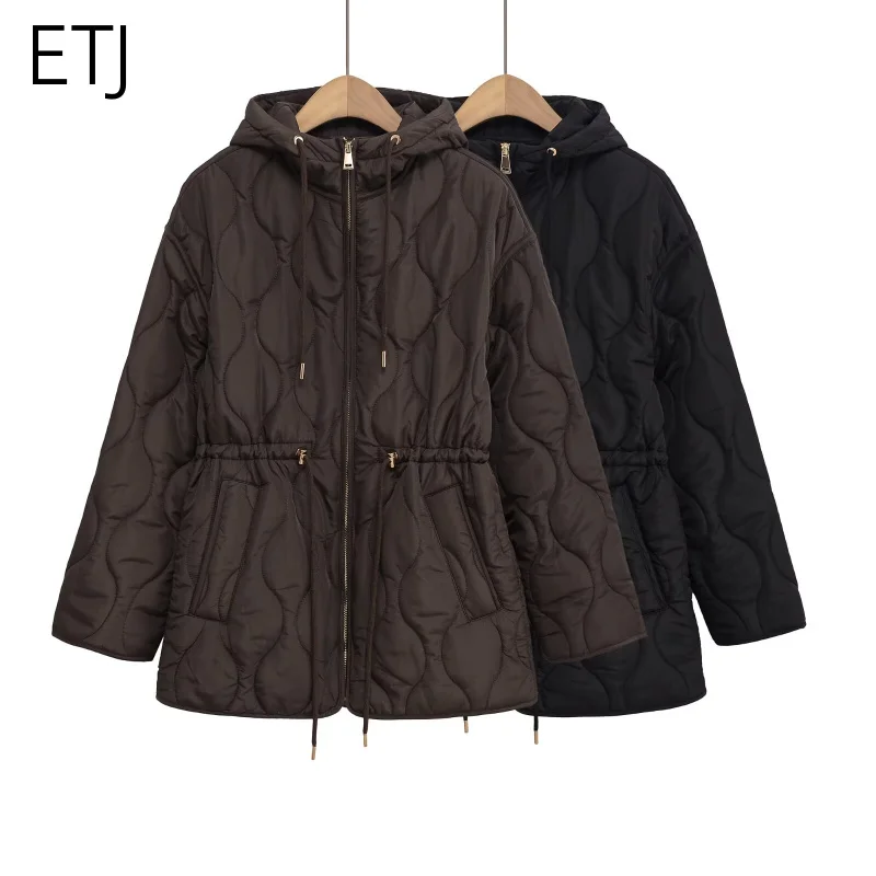 ETJ 2025 winter new women's fashion vertical collar tie up hooded waist quilted jacket light warm loose cotton jacket