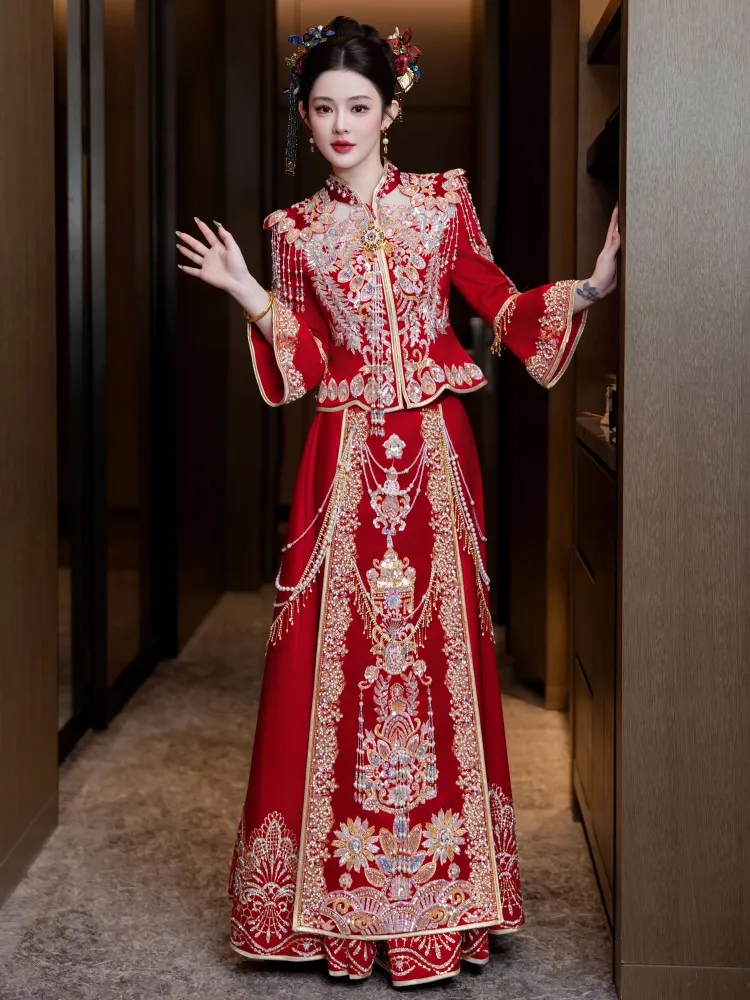 

New wedding gowns bride's dress phoenix crown and red cape Chinese-style