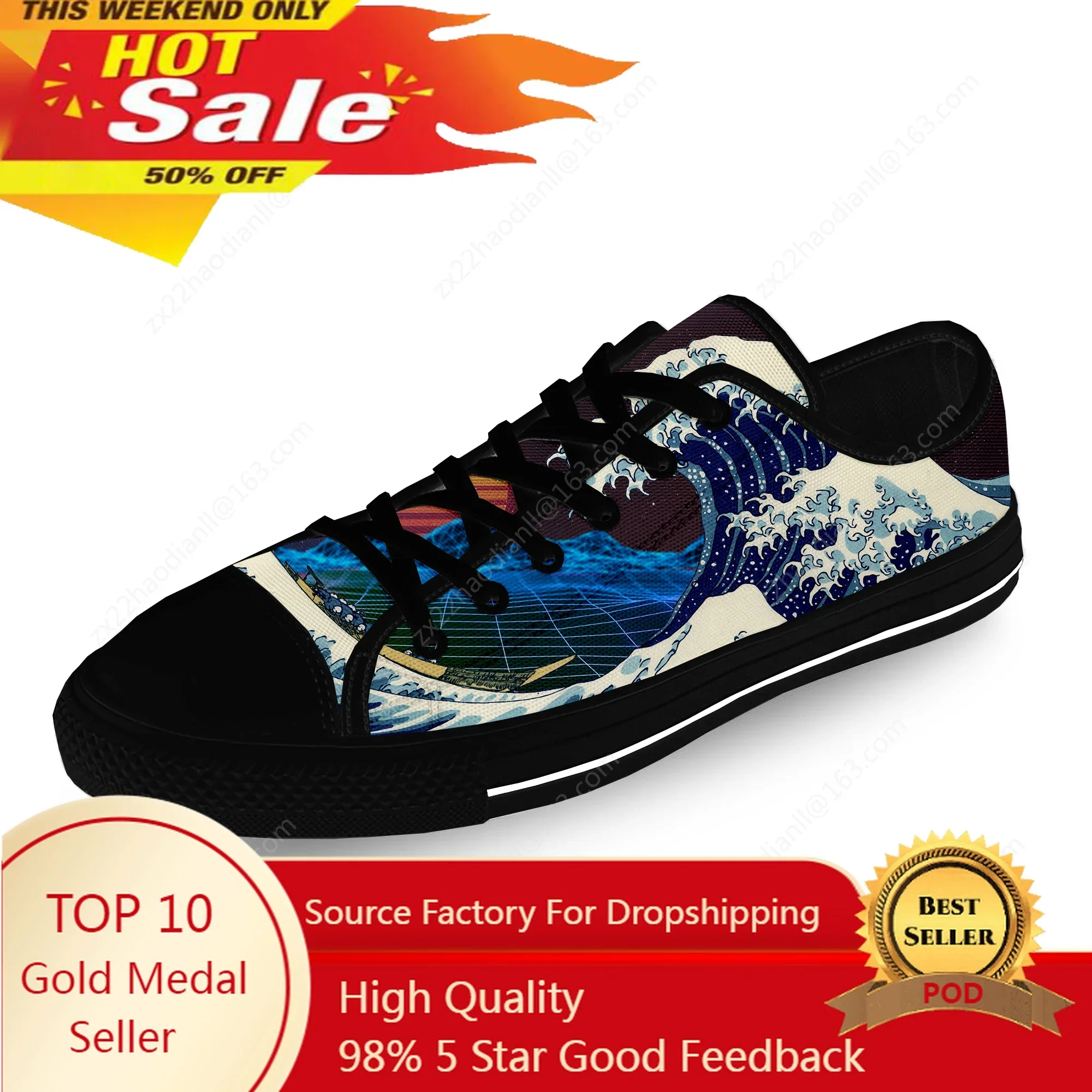 Japanese Vaporwave Great Wave Off Casual Cloth Fashion 3D Print Low Top Canvas Shoes Men Women Lightweight Breathable Sneakers