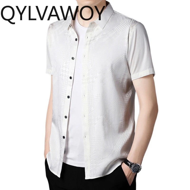 

QYLVAWOY Men's Premium Shirts Jacquard Shirt 91.7% Mulberry Silk Shirts for Man Summer Tops Thin Short Sleeve Menswear Clothing