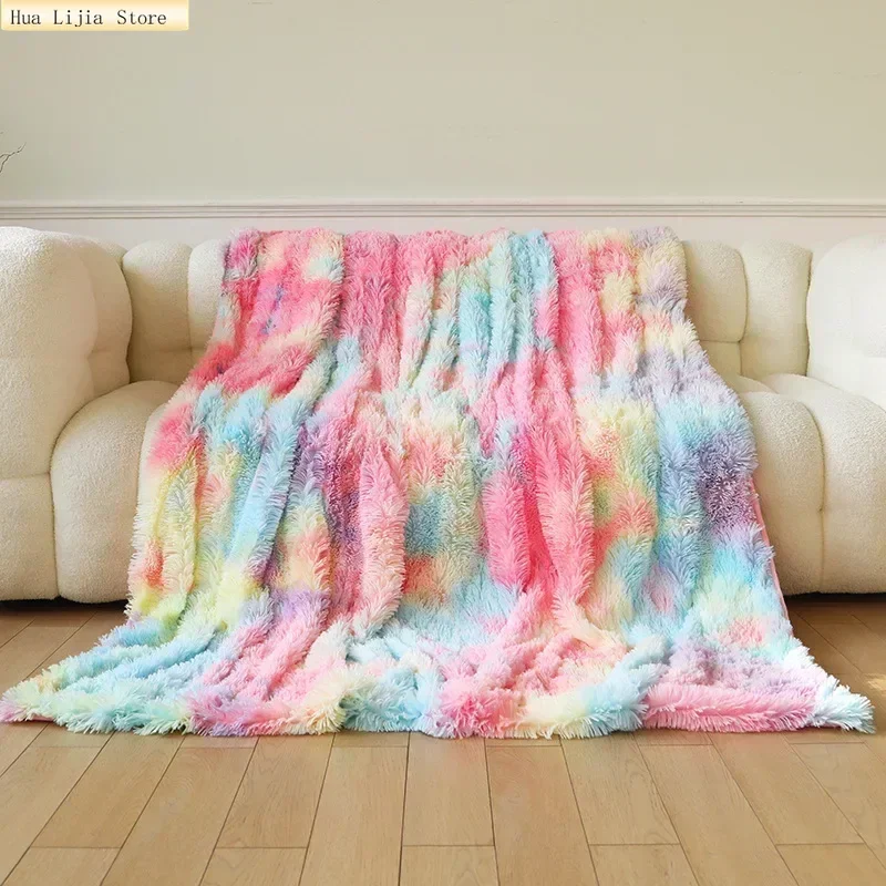 Ins Style Photo Props Small Rainbow Blanket Nordic Style Office Lazy Nap Blanket Tie-dye Sofa Blanket Velvet
