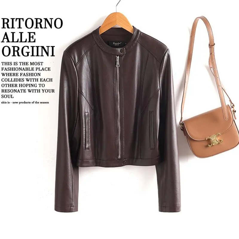 New Women Spring Autumn Split Leather Loose Jacket Fashion O-Neck Long Sleeve Casual Short Leather Coat Simplicity Jacket