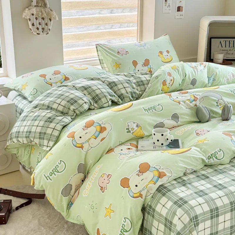 Kwaii Pink Sheep Printed Bedding Set Happy Summer Dog Duvet Cover Pillowcase Soft Bed Sheet Gift For Kids Bedroom 150x200cm Size