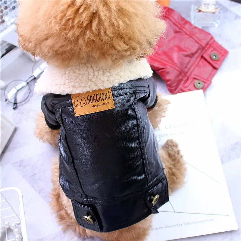 Soft Leather Dog Clothes Winter With Fur Lining Warm Pet Jacket Coat Waterproof For Golden Retriever French Bulldog Husky Outfit