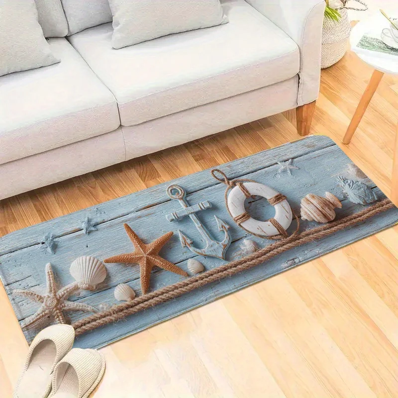 Coastal Beach Themed Long Bath Runner Mat Anti Slip Water Absorbent Rug Starfish Shell Anchor Decor Carpet for Entrance Laundry view 4