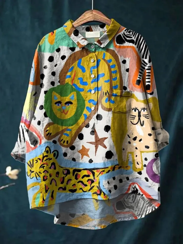 Vintage Phoenix Cat Art Pattern 3D Printed Fashion Women's Lapel Long Sleeve Pocket Shirt Spring Casual open tube shirt KT-09