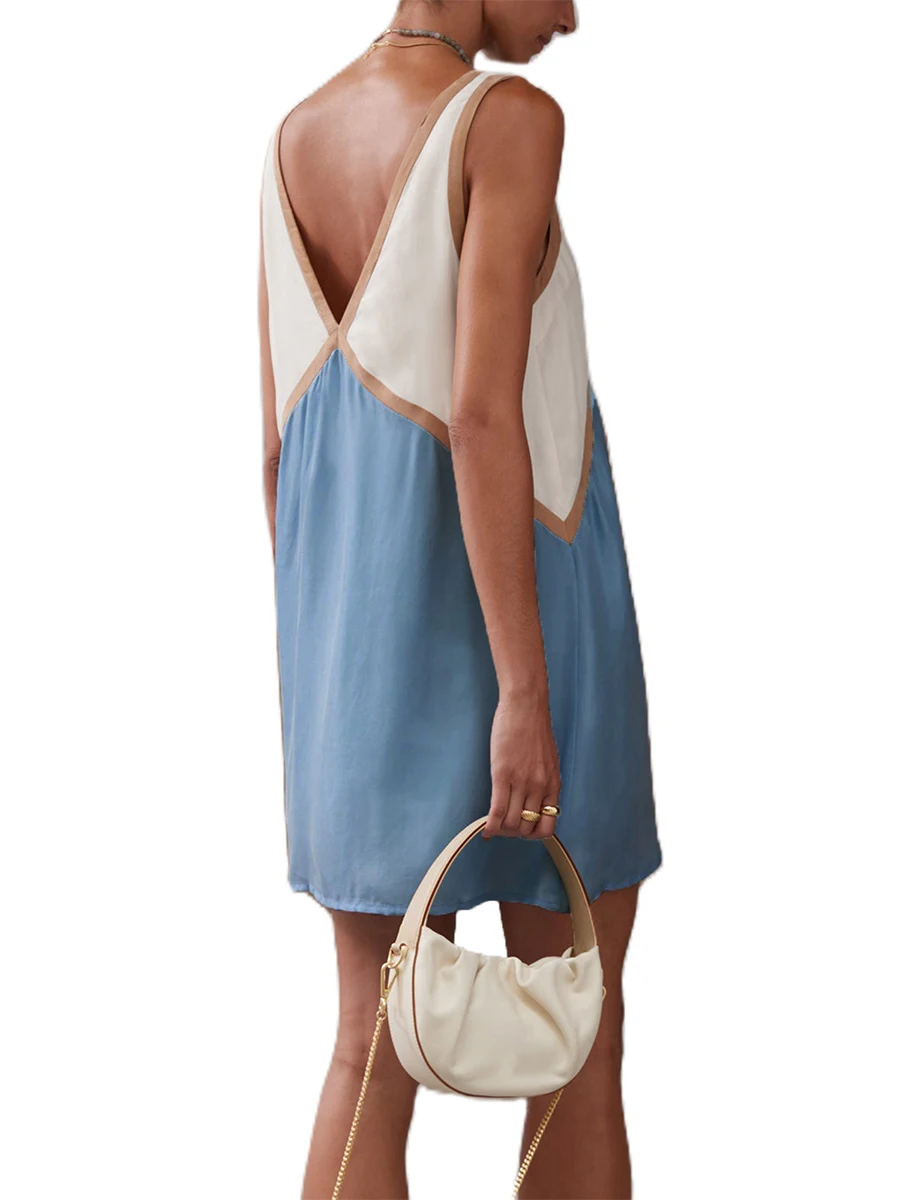 Women Mini Dress Fashion Sleeveless Open Back V Neck Patchwork Contrasting Tank Dress Summer Loose Basic Dress Casual Streetwear