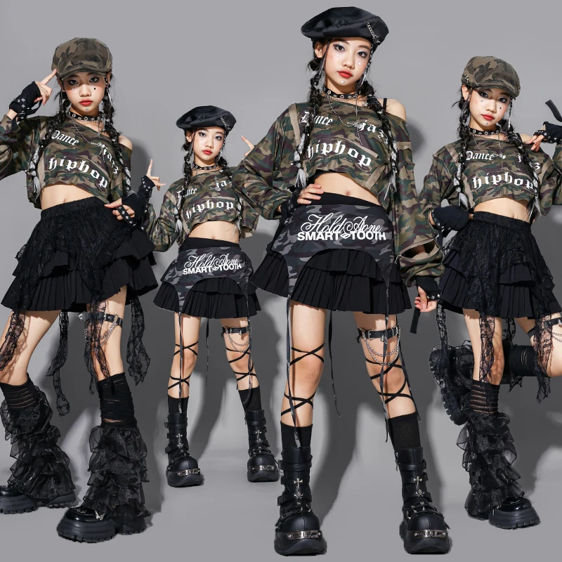 K-pop Costume da ballo Ragazze Jazz Outfit Kid Performance Show Abbigliamento Camouflage Crop Top Gonna nera Moda Streetwear AMY2928