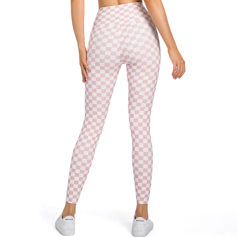 High Waist Nude Yoga Pants Women Hip-Lifting Polyester Stretch Checkerboard Sport Leggings For Running Training Workout Outdoor