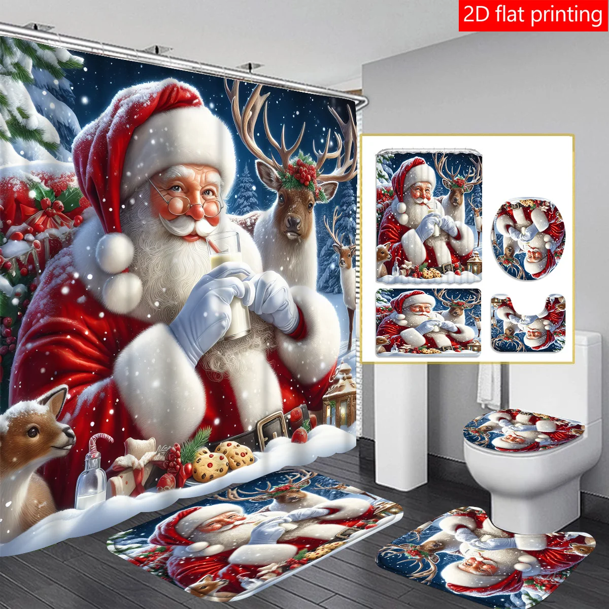 

4pcs Christmas Santa Claus curtain shower curtain decoration, beautiful housewarming gift modern home decoration, waterproof sho