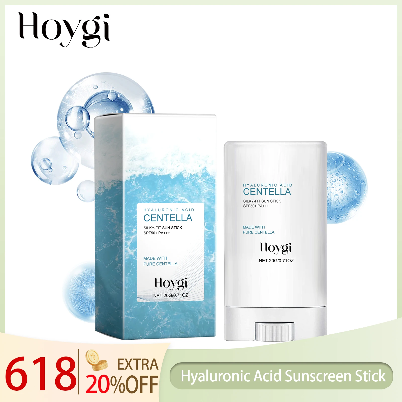 Hoygi Protector solar de ácido hialurónico en barra de amplio espectro SPF 50+ Hidratante No graso Absorción rápida para rostro y cuerpo en movimiento