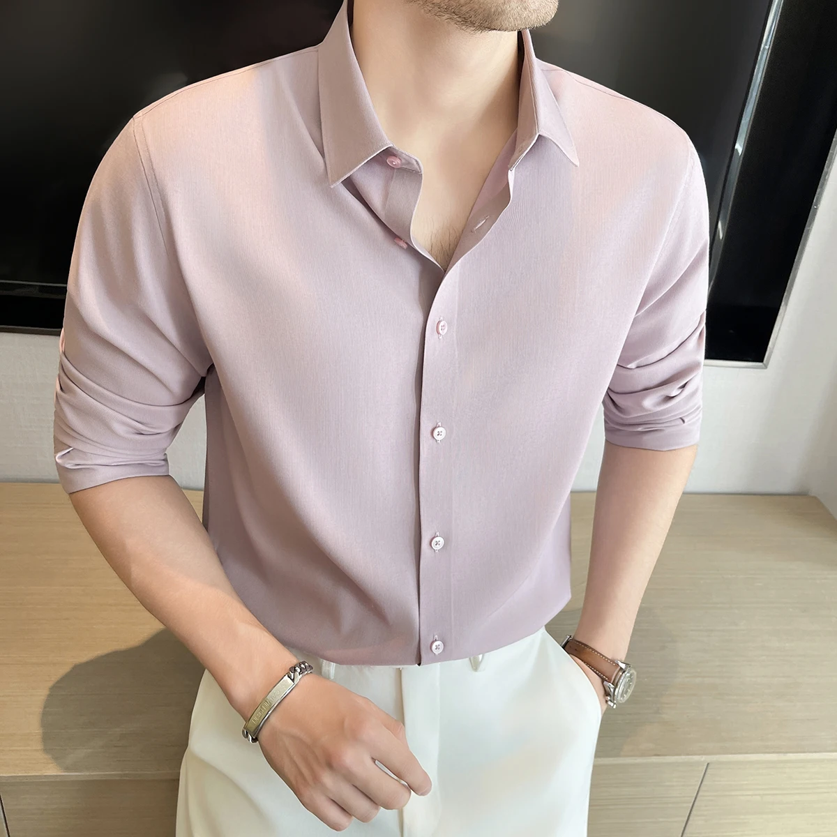 

High Quality Mulberry Silk Shirt 2025 New Men's Long Sleeves Slim Fit Business Casual Anti-wrinkle Seamless Shirts Tuxedo 4XL-M