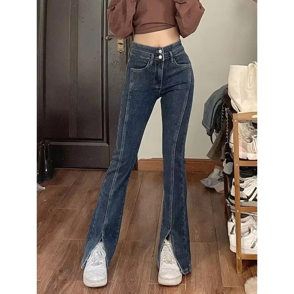 

High Waist Wide Leg Jeans for Pear aped Women Autumn Winter plus Size Slimming Torn Denim Pants Casual Deep Color Cotton Po...